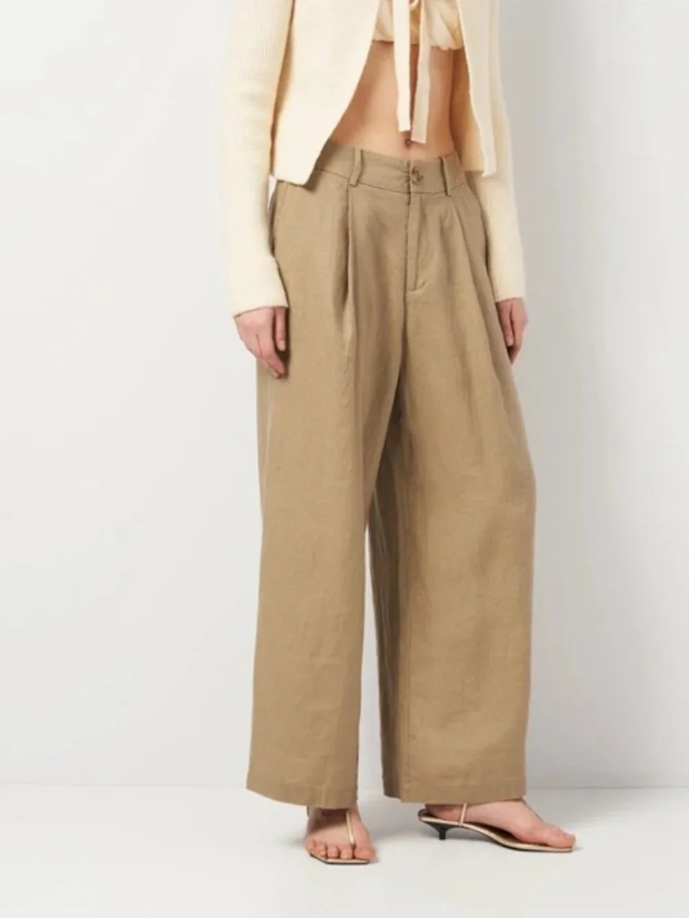 Zara 100% Linen Hi Rise Wide Leg Pants Beach Coastal Vacation Lagenlook Sand S